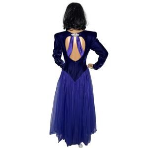 80s Royal Blue Velvet Tulle Formal Evening Gown open back rhinestone clasp small